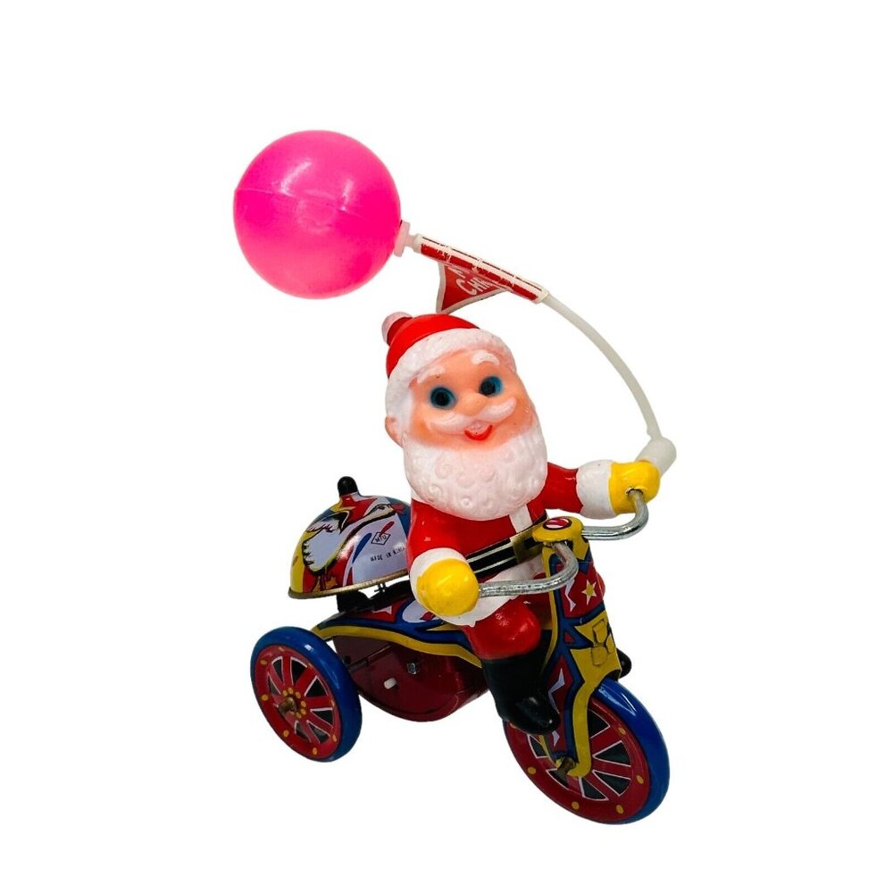 Vintage Christmas Tin Wind-up Santa on Tricycle with a Balloon ~ Works! Korea